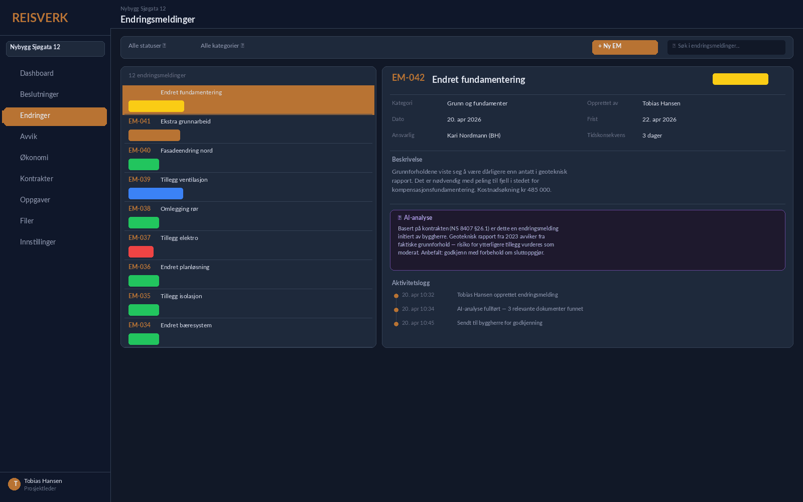 Full statushistorikk, aktivitetslogg og AI-analyse for hver endringsmelding.